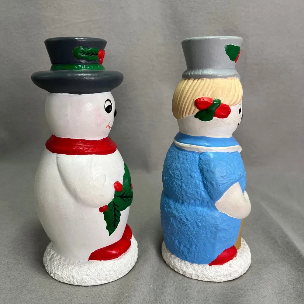 Vintage Hand Painted Ceramic Snowman Couple Taper Candlestick Holders Christmas‎